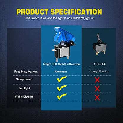Nilight 5PCS LED Toggle Switch ON Off 12V Blue Lighted Aircraft Safety Cover Heavy Duty 20A SPST 3 Pin Rocker for Automotive Cars Trucks Boats Racing Cars,2 Years Warranty | Safety Cover Heavy Duty 20A SPST 3 Pin Rocker Switches for Automotive Cars Trucks