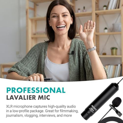 Movo LV8-D Broadcast-Quality XLR Lavalier Omni-Directional Wired Microphone with 12mm Mic Capsule for Accurate Voice Recording - Kit Includes Lapel Clip, Case and Windscreen