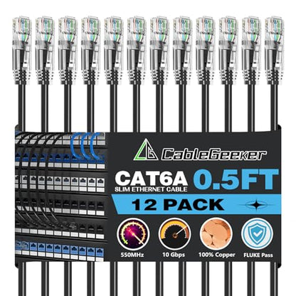 CableGeeker Cat 6A Slim Ethernet Patch Cables, 0.5 ft, 12-Pack, Black | 28AWG Pure Copper, 10Gbps/550MHz, Snagless Gold-Plated RJ45, Ultra-Thin Flexible Design for Switches, Patch Panels, and Racks - color: Black-Slim, size: 0.5ft, style: 12 Pack