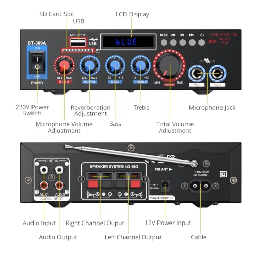 PROZOR 800W Bluetooth 5.0 Stereo Audio Amplifier, 2 Channel Home Audio Receiver with FM Radio, USB, SD/TF Card, AUX, Dual Mic Inputs, HiFi Power Amplifier for Passive Speakers, Home Theater, Car Audio