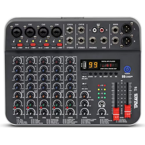 Audio Mixer, TKLBLS Studio Audio Sound Mixer Board, 6 Channel Unpowered Recording Mixers w/USB Audio Interface, DJ Mixer with 48V Phantom Power for KTV, Live Shows, Streaming, Conferences