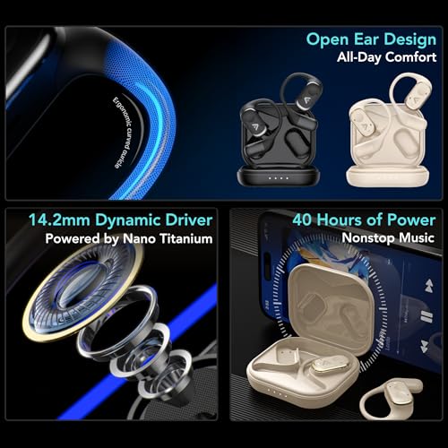 Joy Open-Ear Headphones, Wireless Bluetooth 5.4 Earbuds, Over-Ear Around-Ear Earhook, Sports Fit for Running & Workouts, ENC Clear Calls, HD Sound, App EQ, 40H Battery, IPX4 Sweatproof, Beige - color: Beige