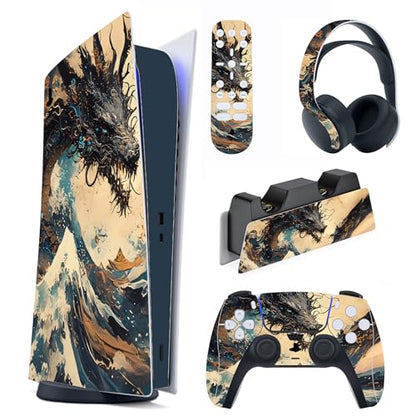 PlayVital Full Set Skin Decal for ps5 Console Digital Edition, Sticker Vinyl Decal Cover for ps5 Controller & Charging Station & Headset & Media Remote - Tempest Dragon - color: Tempest Dragon