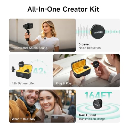2-Pack Wireless Lavalier Microphones, Lapel Mic for iPhone/Android | USB-C Plug-Play, 42H Battery Life, 164ft Stable Wireless Range, 3-Level AI Noise Reduction for Vlog TikTok YouTube Interview