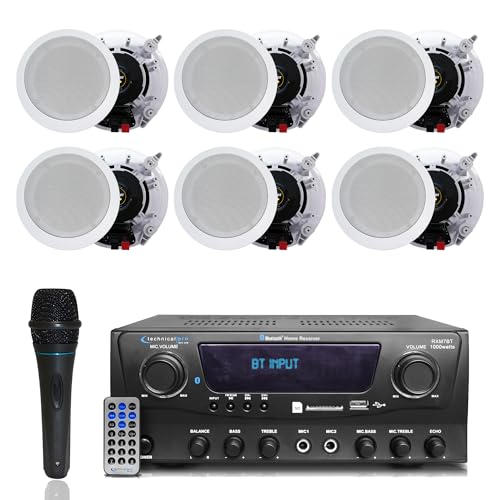 Home Theater System Kit 1000 Watts Bluetooth Receiver | w/ 6 Qty 5.25" 175 Watts Each in-Wall in-Ceiling Speakers with, Portable Microphone & Remote Control by Technical Pro