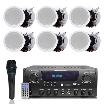 Home Theater System Kit 1000 Watts Bluetooth Receiver | w/ 6 Qty 5.25" 175 Watts Each in-Wall in-Ceiling Speakers with, Portable Microphone & Remote Control by Technical Pro