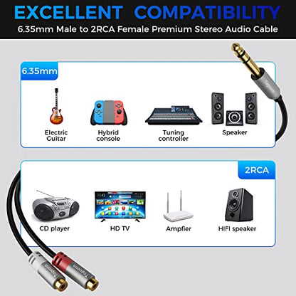 6.35mm to Dual RCA Y-Adapter Splitter Cable 0.6 Feet, 6.35mm 1/4 Inch TRS Stereo Male to 2RCA Female Y Splitter Audio Cord Converter Connector for Amplifier, Guitar, Piano, Speaker-2 Pack - size: 2 Pack, style: 6.35(male) to 2RCA(female)