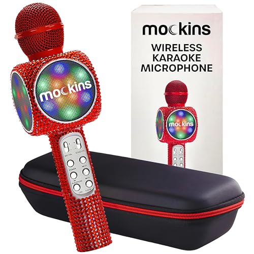 Mockins Red Bling Karaoke Microphone for Kids - Wireless Microphone Karaoke w/Speaker, Voice Changer & Colorful LED Lights, Portable Kids Micro Phone - color: Red Bling