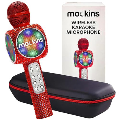 Mockins Red Bling Karaoke Microphone for Kids - Wireless Microphone Karaoke w/Speaker, Voice Changer & Colorful LED Lights, Portable Kids Micro Phone - color: Red Bling