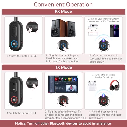 LOFICOPER Bluetooth 5.3 Transmitter Receiver, 3.5mm Aux Adapter, 33ft Range | Hands-Free Driving, 14H Battery Life in RX, Low Latency, Stable Connection, for Airplane, Car, Headphones, Home Stereo, TV - color: Black