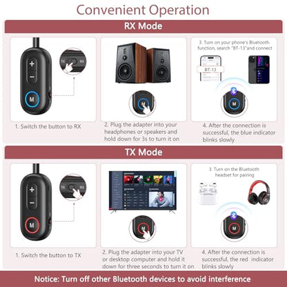 LOFICOPER Bluetooth 5.3 Transmitter Receiver, 3.5mm Aux Adapter, 33ft Range | Hands-Free Driving, 14H Battery Life in RX, Low Latency, Stable Connection, for Airplane, Car, Headphones, Home Stereo, TV - color: Black