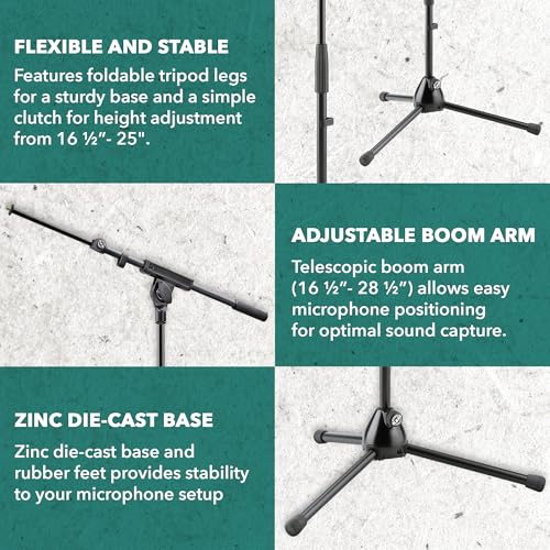 K&M König & Meyer 25977.500.55 Microphone Stand - Adjustable Telescoping 2-Piece Boom Arm - Shorter Low-Level Height with Folding Leg Base - Professional Grade - German Made - Black - style: Short (17"-25")