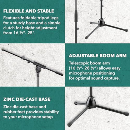 K&M König & Meyer 25977.500.55 Microphone Stand - Adjustable Telescoping 2-Piece Boom Arm - Shorter Low-Level Height with Folding Leg Base - Professional Grade - German Made - Black - style: Short (17"-25")