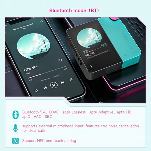 HiBy W4 Bluetooth Headphone Amplifier USB DAC, BT 5.4 & NFC, aptX Lossless LDAC, Dual DAC, DSD512 PCM 768kHz, 2-Inch Touch Screen, CVC Noise Reduction, 3.5mm & 4.4mm Balanced Output - color: Yellow
