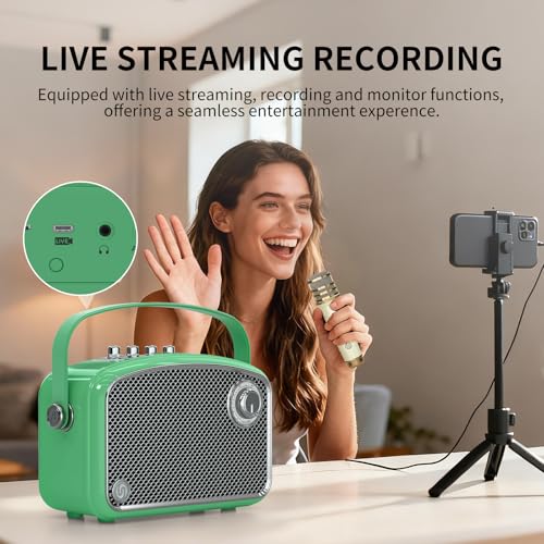 Karaoke Machine, 120W Peak Bluetooth Karaoke Speaker with 2UHF Microphones, Small PA System for Adults Kids with Bass/Trable/Echo Adjustment, Supports TF/USB/AUX/Live/Instruments for Home Party Events - color: Green
