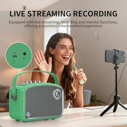 Karaoke Machine, 120W Peak Bluetooth Karaoke Speaker with 2UHF Microphones, Small PA System for Adults Kids with Bass/Trable/Echo Adjustment, Supports TF/USB/AUX/Live/Instruments for Home Party Events - color: Green