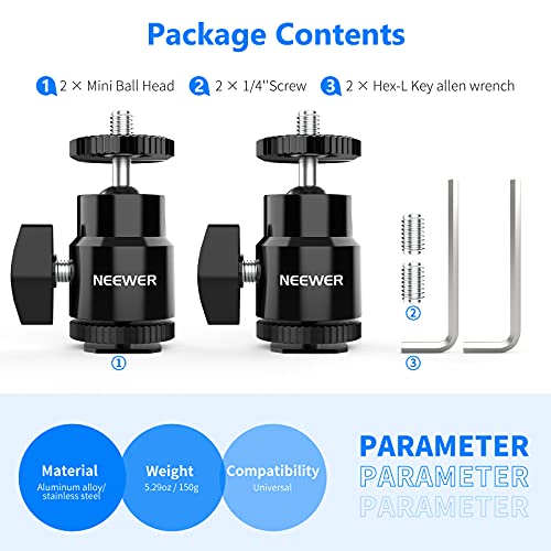 Neewer Mini Ball Head with Cold Shoe & 1/4” Screw, 2 Pack, 360° Swivel 90° Tilt Ballhead Camera Mount Hot Shoe Adapter for Camera, Camcorder, Smartphone, LED Video Light, Microphone, Ring Light, ST17 - style: ST17（2-Pack）