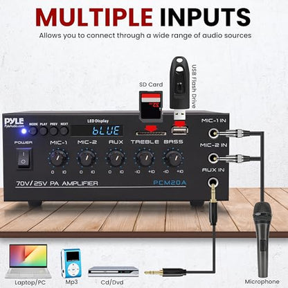 Pyle Compact Mini Home Power Amplifier - 40W Smart Small Audio Stereo Receiver w/ AUX 2 Microphone IN COM/8-Ohm/25V/70V Speakers LED Input Selector For PA Amplified Speaker Sound System - PCM20A - size: 40 Watts