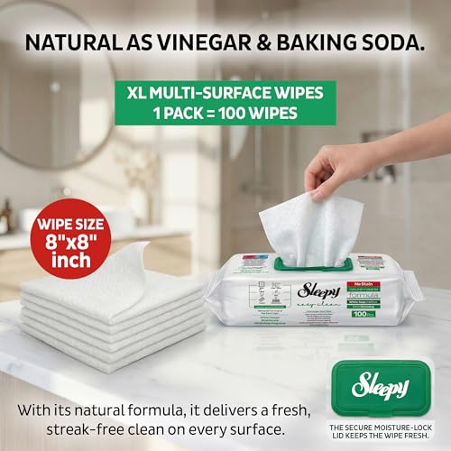 Sleepy Easy Clean XL Multi Surface Cleaning Wipes (600 Count) – Natural Vinegar & Baking Soda Formula – Jumbo 8"x8" All Purpose Wet Wipes for Kitchen, Bathroom, Glass & Electronics – No Streak - size: 6 Pack (600 Count)