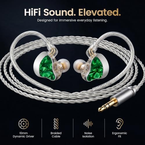 HIFI WALKER A20 IEM Earbuds, 10mm Dynamic Driver in Ear Monitor Headphones, HiFi Wired Earphones with Deep Bass & Clear Vocals, Noise Isolating IEM for Music, Gaming & Studio (No Mic), Green - color: Green