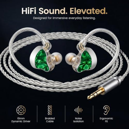 HIFI WALKER A20 IEM Earbuds, 10mm Dynamic Driver in Ear Monitor Headphones, HiFi Wired Earphones with Deep Bass & Clear Vocals, Noise Isolating IEM for Music, Gaming & Studio (No Mic), Green - color: Green