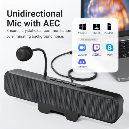 Computer Speakers with Microphone for Desktop PC, USB Monitor Speakers with Clip, Wired Laptop Sound Bar, Stereo & Bass, PC Speaker w/Mic for Meeting/Gaming/Online Learning, Easily Clamps to Monitor