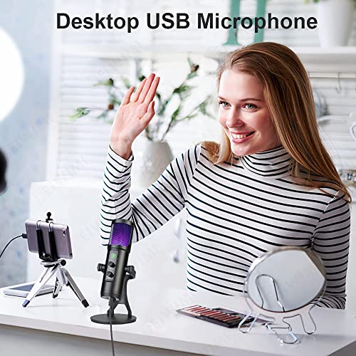 Andoer USB Condenser Microphone Cardioid Mic with RGB Lights One-Button Mute Headphone Real-time Monitoring with Desktop Mic Stand for Smartphone Laptop PC Live Streaming Video Conference Online
