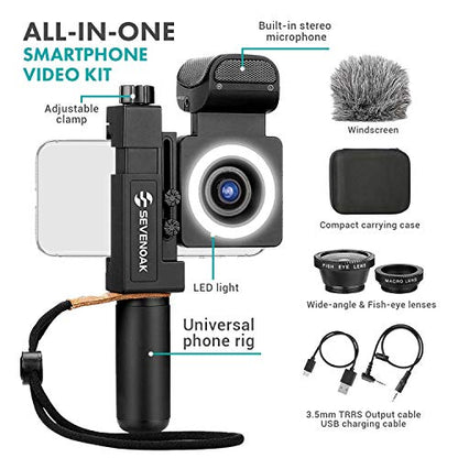 Movo SmartCine Complete Smartphone Video Rig with Built-in Stereo Microphone, LED Light, Wide-Angle and Fisheye Lenses - Youtuber Kit Compatible with iPhone/Android Phones - YouTube, Tik Tok Equipment