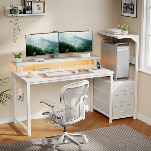 52" Reversible Gaming Desk with LED Lights Power Outlets, White