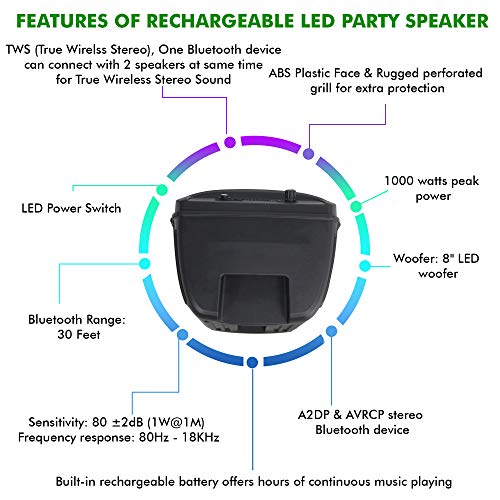 Technical Pro 8 Inch Portable 800 W Bluetooth Speaker w/Woofer & Tweeter | Festival PA LED Speaker with Bluetooth/USB Card, True Wireless Stereo, 30 Feet BT Range - style: Speaker