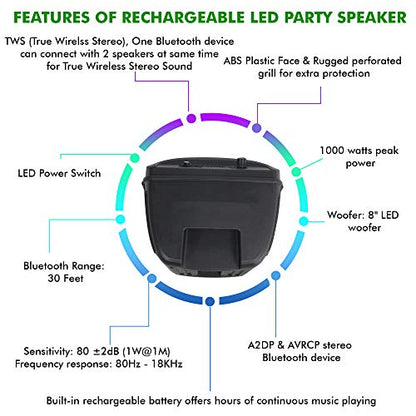 Technical Pro 8 Inch Portable 800 W Bluetooth Speaker w/Woofer & Tweeter | Festival PA LED Speaker with Bluetooth/USB Card, True Wireless Stereo, 30 Feet BT Range - style: Speaker