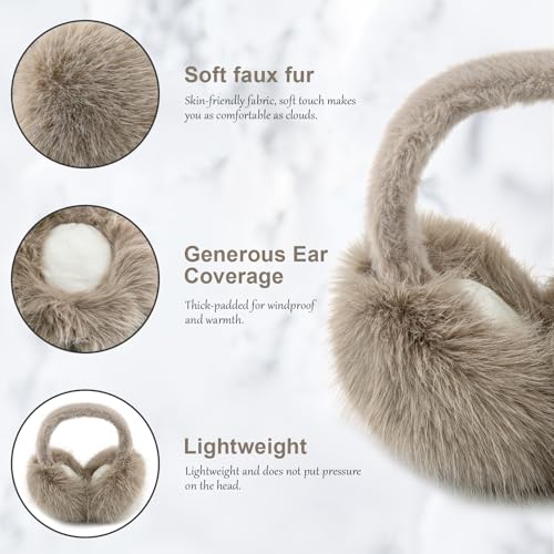 Earmuffs for Women Girls Faux Fur Fuzzy Headband Foldable Ear Covers Cold Weather Accessory - color: Brown