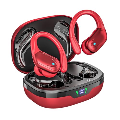 Wireless Earbuds Bluetooth Headphones 80hrs Playback Ear Buds Power Display with Noise Canceling Mic with Earhooks for Sports/Workout/Running, Red
