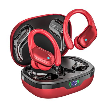 Wireless Earbuds Bluetooth Headphones 80hrs Playback Ear Buds Power Display with Noise Canceling Mic with Earhooks for Sports/Workout/Running, Red