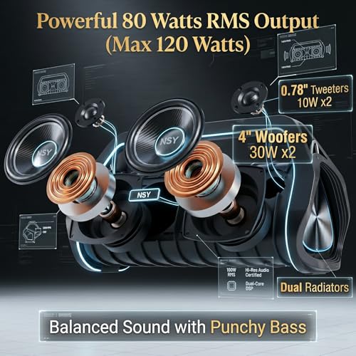 80W Jobsite Bluetooth Speaker w/Built-in Handle & Strap | IP66 Waterproof Dustproof Portable Boombox, 24H Playtime, No-Distraction Design, TWS for Construction Site, Workshop, Outdoor