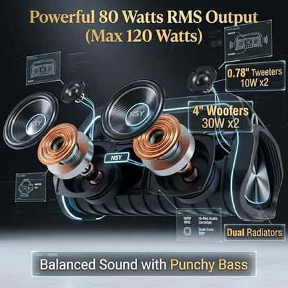 80W Jobsite Bluetooth Speaker w/Built-in Handle & Strap | IP66 Waterproof Dustproof Portable Boombox, 24H Playtime, No-Distraction Design, TWS for Construction Site, Workshop, Outdoor