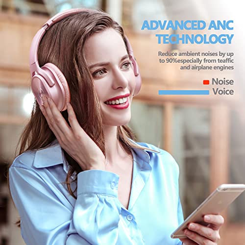 ZIHNIC Active Noise Cancelling Headphones, 40H Playtime Wireless Bluetooth Headset with Deep Bass Hi-Fi Stereo Sound,Comfortable Earpads for Travel/Home/Office (Rose Gold) - color: rose