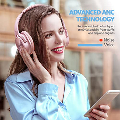 ZIHNIC Active Noise Cancelling Headphones, 40H Playtime Wireless Bluetooth Headset with Deep Bass Hi-Fi Stereo Sound,Comfortable Earpads for Travel/Home/Office (Rose Gold) - color: rose