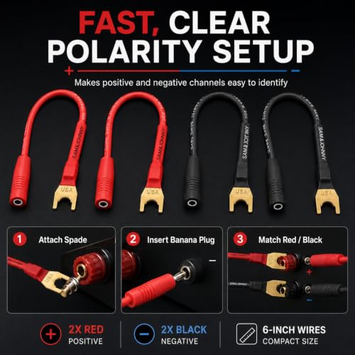 Sam&Johnny Spade Plugs to 4mm Female Banana Jack Speaker Wire, Banana Jack Female to Y Plug Fork Spades Cable for Speakers, Amplifier, Soldered Construction, 4 Pack of 6 Inch, RED/ BLACK - style: 3 Inch | Banana Plug to Banana Jack | 4 Pack