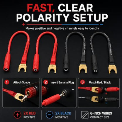 Sam&Johnny Spade Plugs to 4mm Female Banana Jack Speaker Wire, Banana Jack Female to Y Plug Fork Spades Cable for Speakers, Amplifier, Soldered Construction, 4 Pack of 6 Inch, RED/ BLACK - style: 3 Inch | Banana Plug to Banana Jack | 4 Pack