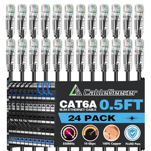CableGeeker Cat 6A Slim Ethernet Patch Cables, 0.5 ft, 24-Pack, Black | 28AWG Pure Copper, 10Gbps/550MHz, Snagless Gold-Plated RJ45, Ultra-Thin Flexible Design for Switches, Patch Panels, and Racks - color: Black-Slim, size: 0.5ft, style: 24 Pack