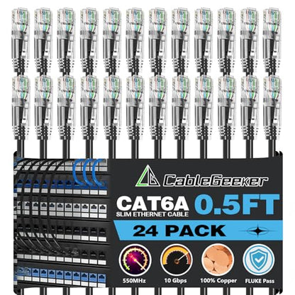 CableGeeker Cat 6A Slim Ethernet Patch Cables, 0.5 ft, 24-Pack, Black | 28AWG Pure Copper, 10Gbps/550MHz, Snagless Gold-Plated RJ45, Ultra-Thin Flexible Design for Switches, Patch Panels, and Racks - color: Black-Slim, size: 0.5ft, style: 24 Pack