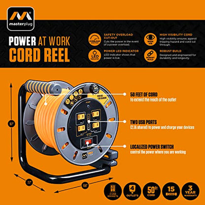 Masterplug 50ft Cord Reel, Retractable Extension Lead with Winding Handle, Safety Overload Circuit Breaker and Power Switch, 4x Grounded Outlets, 2x USB Ports, 15amps, 12AWG Cable - size: 50ft, style: 12 AWG