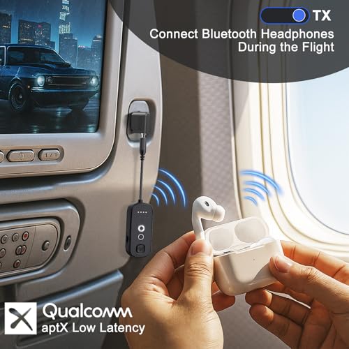 Bluetooth Transmitter Receiver with Airplane Adapter: Wireless Audio Transmitter for 2 AirPods/Headphones - 20+ Hr Battery Works USB Charging with 3.5mm Jack AUX for Flight,Gym,Car,TV,Tablet,Travel