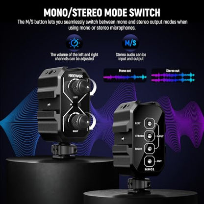 NEEWER MM01 Dual Channel Microphone Audio Mixer Adapter with 3.5mm TRS Cable, Stereo/Mono Switch, Cold Shoe Mounts for DSLR Camera, Smartphones, Battery Powered Microphones for Video Recording