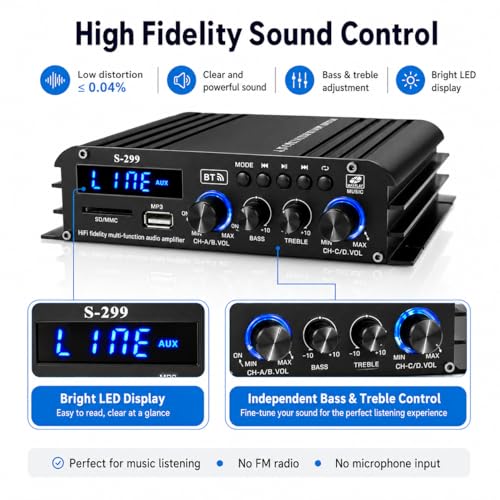 Romicta 4.1 Channel Home Audio Amplifier Receiver, Bluetooth 5.0 Mini Amp with Subwoofer Output, RMS 4x50W MAX 800W for Home Theater/Car- USB/SD/AUX Input, for Passive Speakers and Active subwoofer