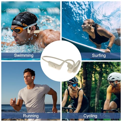 Swimming Headphones, IP68 Waterproof Bone Conduction Headphones, Bluetooth 6.0 &MP3 with32GB Memory Card, Skin Open Ear Swim Earbuds with Adjustable Headband for Swim Cap/Hat, Magnetic Charging(Beige)
