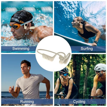 Swimming Headphones, IP68 Waterproof Bone Conduction Headphones, Bluetooth 6.0 &MP3 with32GB Memory Card, Skin Open Ear Swim Earbuds with Adjustable Headband for Swim Cap/Hat, Magnetic Charging(Beige)