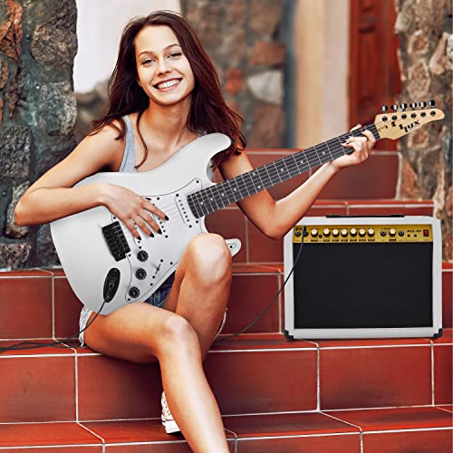 LyxPro 40 Watt Electric Guitar Amplifier | Solid State Studio Amp with 8” 4-Ohm Speaker, Custom EQ Controls, Drive, Delay, ¼” Passive/Active/Microphone Inputs, Aux in & Headphone Jack - White - color: White, size: 40 Watt