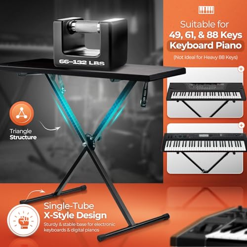 Flexzion Classic Keyboard Stand Musician Electronic Piano Organ Single Tube X Type 7 Position Folding Adjustable Height Metal Braced Rack Portable with Locking Straps